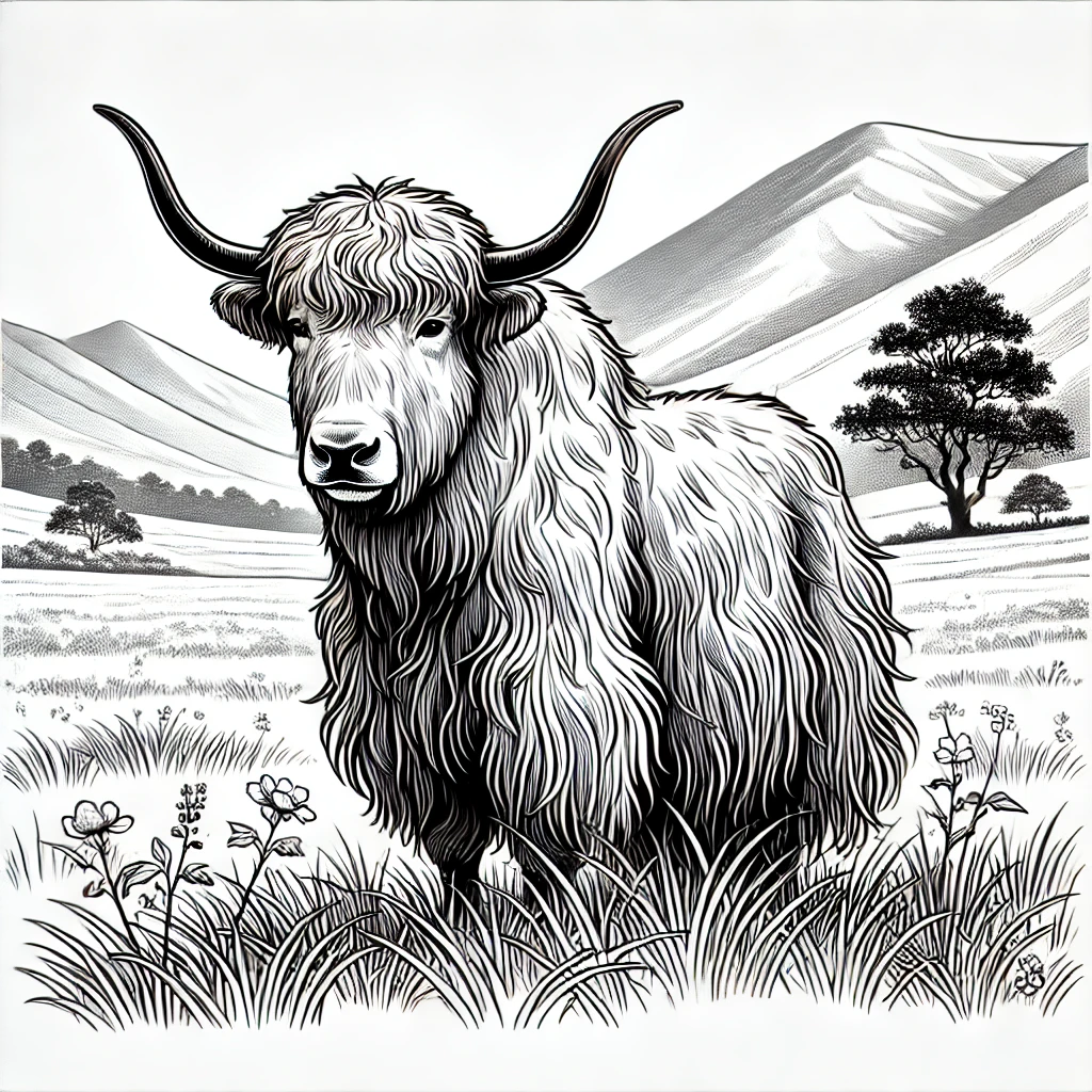 A line drawing of a yak standing in a grassy meadow.